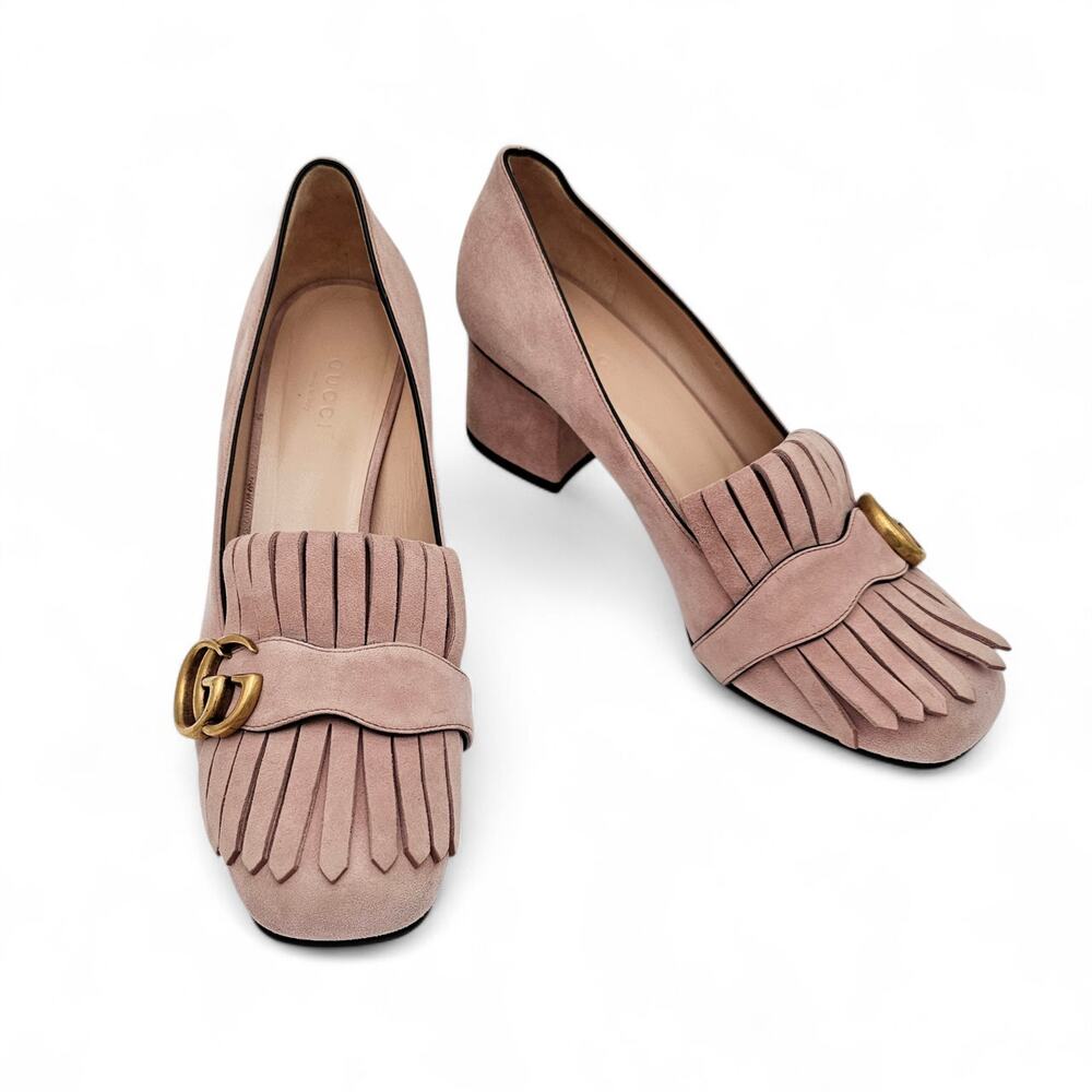Gucci GG Marmont Fringe Block Heel Pump Pink Suede Square Toe Size 38.5 US 8.5 - Picture 2 of 12